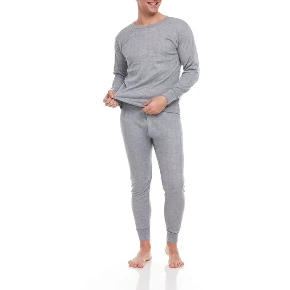 Thermal Underwear Men Light Gray Cotton Fleece Lined Long Johns Winter Baselayer - Picture 3 of 6